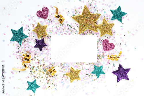 Blank for a postcard with multi-colored stars  serpentine  glitter. Space for text...