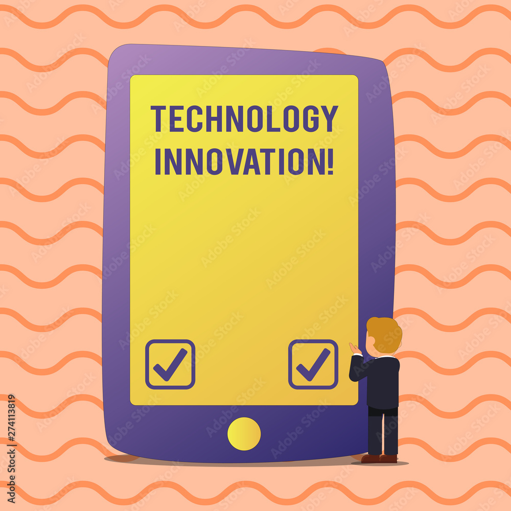 Conceptual hand writing showing Technology Innovation. Concept meaning significant technical changes of product and processes Businessman Standing and Gesturing on Screen Tablet Device Conceptual hand writing showing Technology Innovation. Concept meaning significant technical changes of product and processes Businessman Standing and Gesturing on Screen Tablet Device