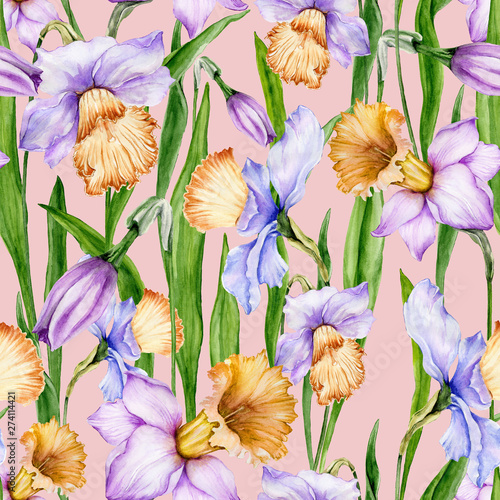 Beautiful narcissus flowers with leaves on pink background. Seamless spring f...