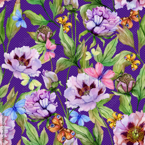 Beautiful Chinese peony and butterflies on bright polka dot background. Seaml...