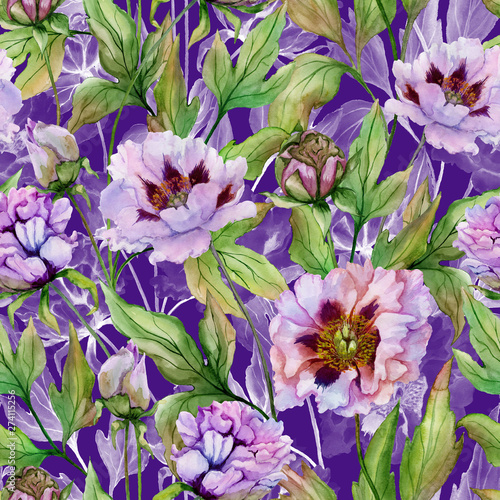 Beautiful Chinese peony with green leaves on bright purple background. Seamle...