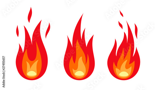 Fire flame set isolated on the white background. Different shapes flat style. Vector illustration.