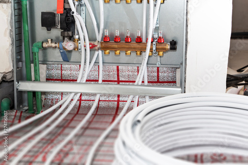 Billede på lærred Main Control manifold of house floor heating system.