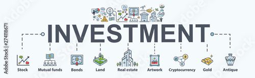 Investment banner web icon for business and finance. Property, Land, stock, gold, bond, mutual funds, currency exchange, profit and loss. Minimal vector infographic.