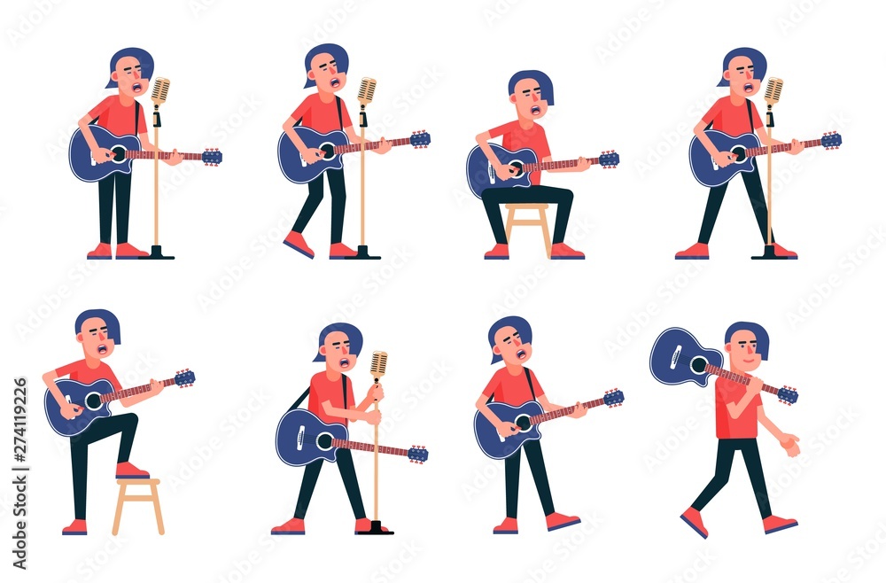 Singer with acoustic guitar in various poses. Vector flat character. Singer with acoustic guitar in various poses. Vector flat character.