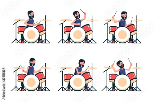Drummer plays the drum set - different poses. Vector character.