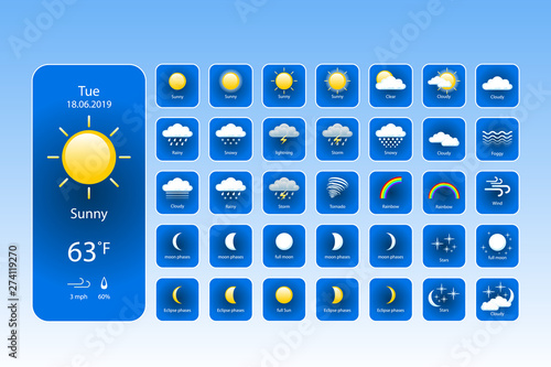 set weather icons. All icons for weather with sample of use. For Print, Web or Mobile App vector eps 10