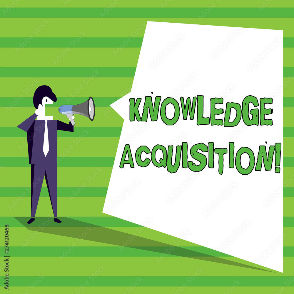 Word writing text Knowledge Acquisition. Business photo showcasing process of extracting knowledge from one source Businessman Shouting on Megaphone and Blank White Uneven Shape Speech Bubble Word writing text Knowledge Acquisition. Business photo showcasing process of extracting knowledge from one source Businessman Shouting on Megaphone and Blank White Uneven Shape Speech Bubble