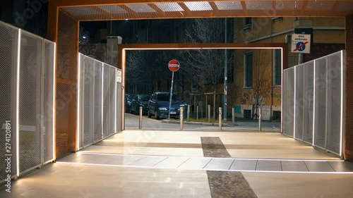 Cycle,pedestrian passage passerella Porta Genova in Milan, Italy at night. It connects the private road Bobbio with via Voghera