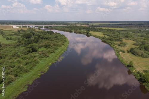 Berezina river and bridge over the river from a bird's eye view