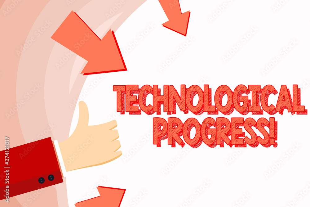 Handwriting text Technological Progress. Conceptual photo an economic measure of innovation and growth Hand Gesturing Thumbs Up and Holding on Blank Space Round Shape with Arrows Handwriting text Technological Progress. Conceptual photo an economic measure of innovation and growth Hand Gesturing Thumbs Up and Holding on Blank Space Round Shape with Arrows