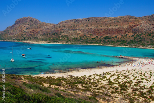 Beautiful view of Balos beach on Crete island, Greece. Crystal clear water and white sand. Travel background