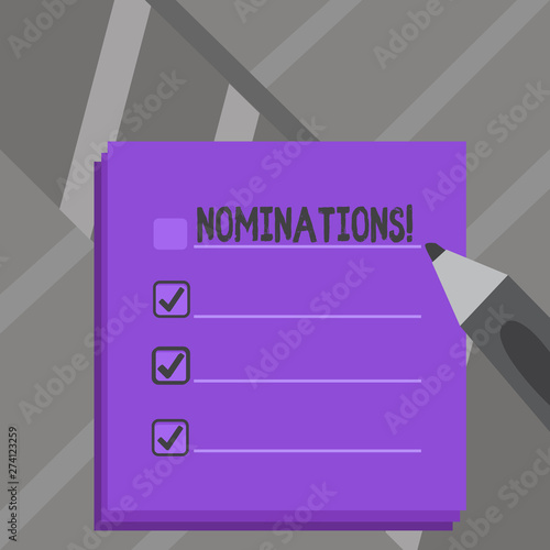 Handwriting text Nominations. Conceptual photo action of nominating or state being nominated for prize Blank Colorful To Do Check List Planner Sheets with Tick Box and Marker Pen