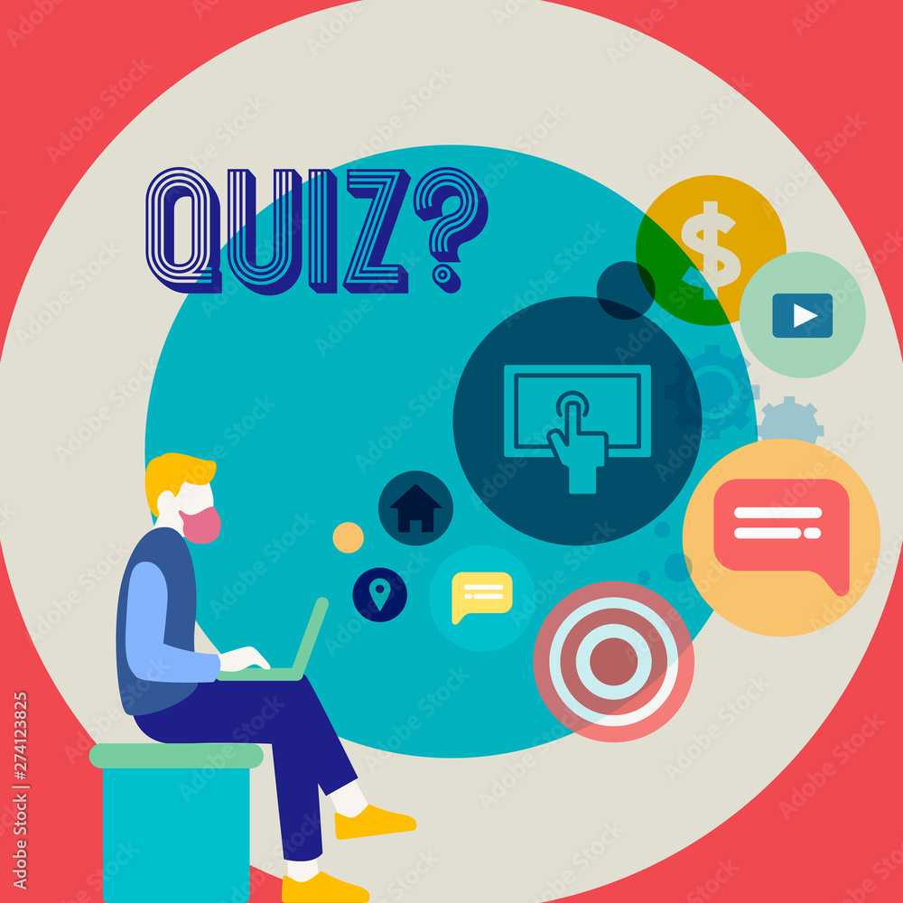 Word writing text Quiz Question. Business photo showcasing test of knowledge as competition between individuals or teams Man Sitting Down with Laptop on his Lap and SEO Driver Icons on Blank Space