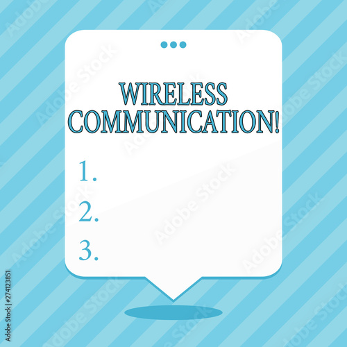 Word writing text Wireless Communication. Business photo showcasing Communicating between devices using a wireless signal Blank Space White Speech Balloon Floating with Three Punched Holes on Top photo