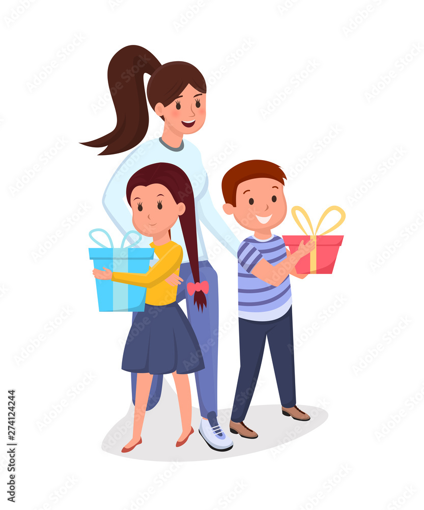 Woman, children with presents flat illustration Woman, children with presents flat illustration