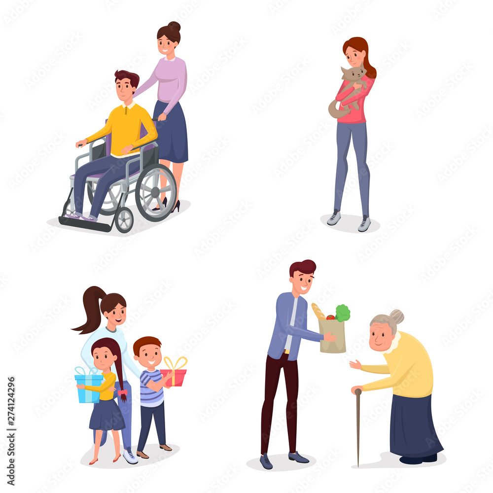 Cheerful volunteers flat vector characters set Cheerful volunteers flat vector characters set