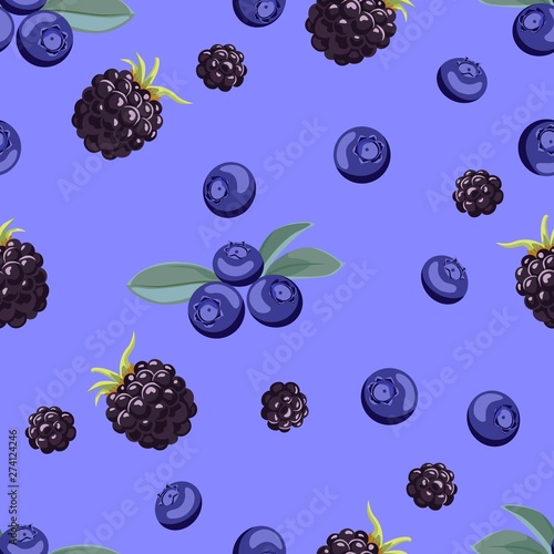 Blueberry and blackberry seamless pattern on blue background. Ripe  berries with leaves. Vector illustration of fruits in cartoon flat style.