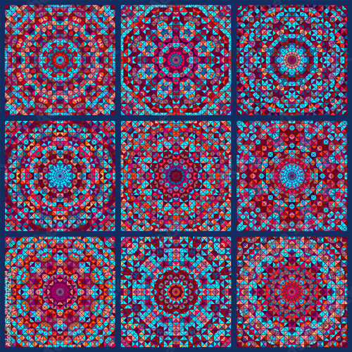 Digital pattern of ethnic Indian patchwork background. Seamless wallpaper. Native culture tradition pottery ornament. Mosaic color ceramic tile print pattern