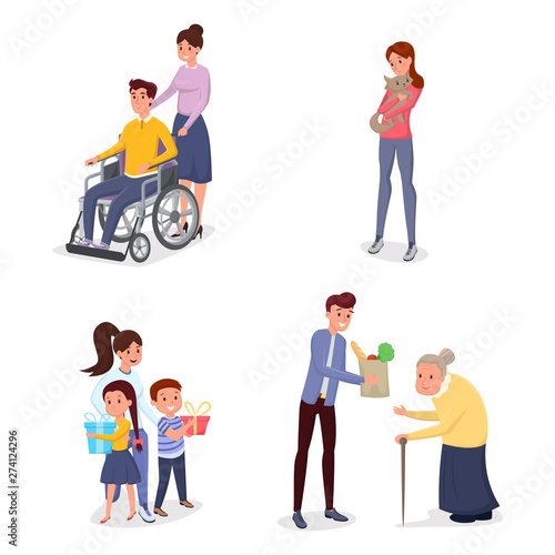 Cheerful volunteers flat vector characters set