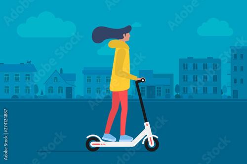 Young female character riding modern urban transportation electric kick scooter. Active hipster adult millennial lifestyle ecology technologies. Flat vector illustration on cityscape background
