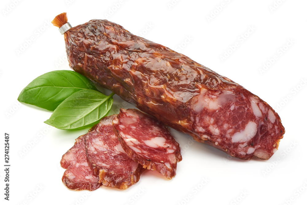 Dried pork sausage, Italian smoked meat, close-up, isolated on white background Dried pork sausage, Italian smoked meat, close-up, isolated on white background