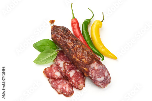 Smoked sausage, Italian dry meat, top view, isolated on white background