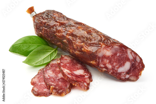 Dried pork sausage, Italian smoked meat, close-up, isolated on white background