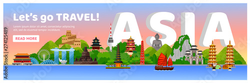 Asia detailed web horizontal poster. Travel composition with famous asian landmarks and large volume letters. Cartoon vector illustration.