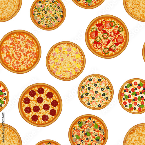 Seamless pattern pizza on white background. Pizza menu. For packaging, advertisements, menu. Vector illustration. Realistic.