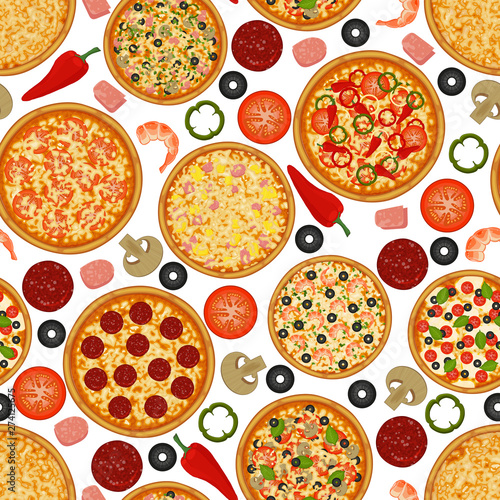 Seamless pattern with pizza and ingredients for pizza on white background. Pizza menu. For packaging, advertisements, menu. Vector illustration. Realistic.