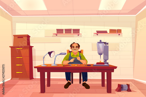 Jeweler working in workshop, goldsmith, jewelry repair shop interior with boxes on shelves, drilling machine tool, gems, magnifying glass and lamp on desk, cartoon vector illustration