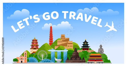 Travel to Asia. Asian travel poster, web banner, card and postcard. Vector illustration.