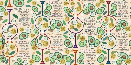 The Doctor of Future – integrative, alternative medicine theme concept.  Seamless vector pattern with a stethoscope, healthy foods and quoted text.
