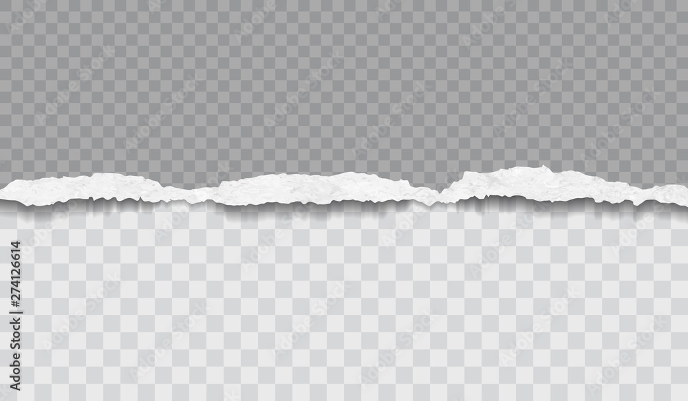 Piece of torn, ripped recycled grainy white paper strip with soft shadow is on squared background. Vector illustration Piece of torn, ripped recycled grainy white paper strip with soft shadow is on squared background. Vector illustration