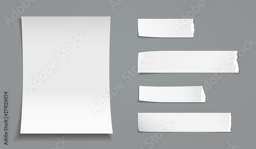 Ripped, torn note grainy paper strips with white notebook, copybook sheet stuck on dark grey background. Vector illustration
