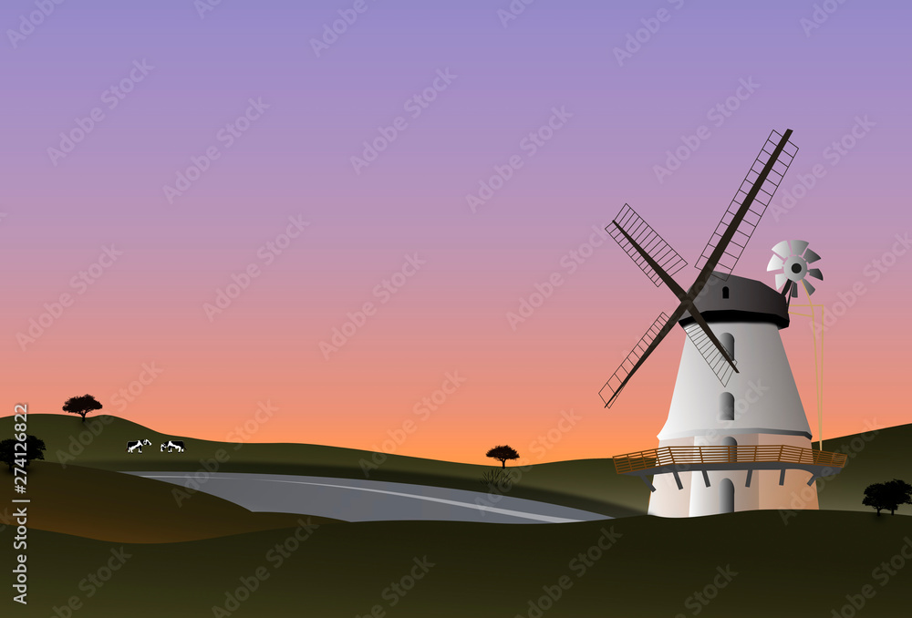 Windmühle, Landschaft, Sonnenuntergang, Postermotive. Vectorgrafik.