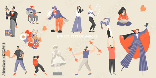 Set of vector illustrations of various street performances. Big festival of street culture and entertainment.