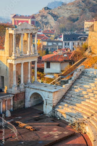 Roman Amphitheatre of Philippopolis at sunset in Plovdiv, Bulgaria