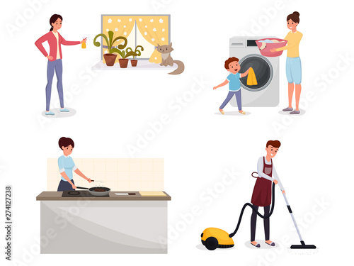 Family doing housework flat illustrations set. Man using vacuum cleaner, mom and son loading washing machine, woman cooking dinner cliparts pack. Domestic chores,