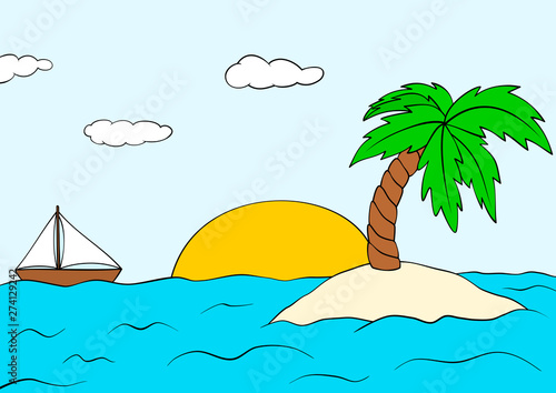 Desert island with palm tree and ship. Summer sunset landscape. Vector tropical isle clipart.