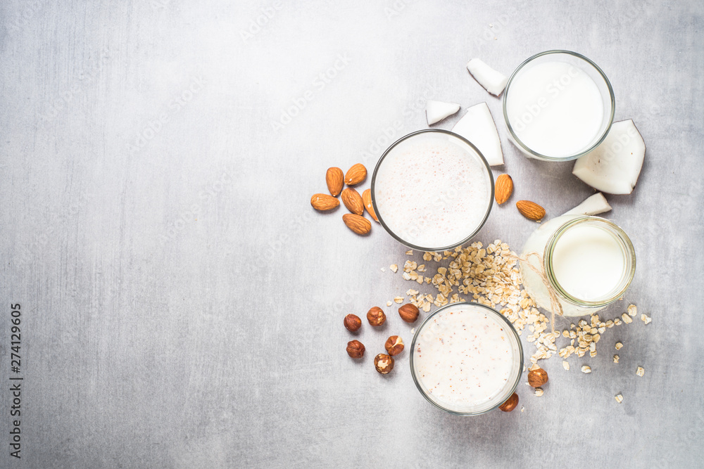 Vegan non dairy alternative milk top view. Vegan non dairy alternative milk top view.