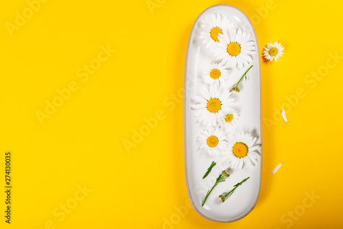 Floral camomile pattern on bright yellow background, top view, flat lay