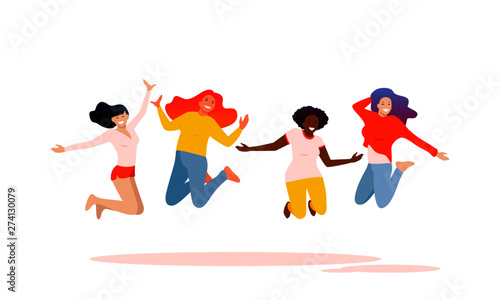 Jumping girls vector illustration. Flat female characters - Caucasian with red hair, asian with dark blue hair, african, Caucasian with lilac hair. Smiling women. Diversity, sisterhood concept.