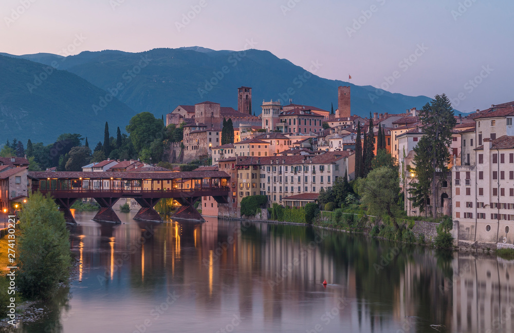 Bassano del Grappa with the Old Bridge and city reflections