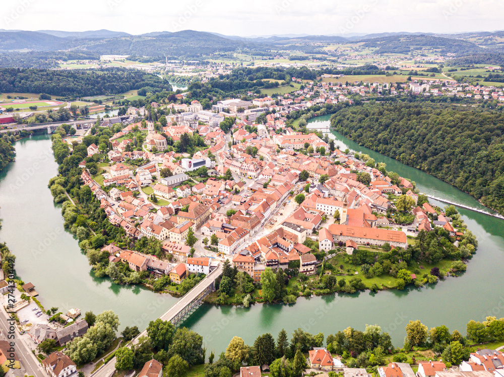 Aerial view of red roofs of Novo Mesto (previously Rudolfswerth
