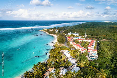 Aearial view of Belle Mare beaches, Mauritius.