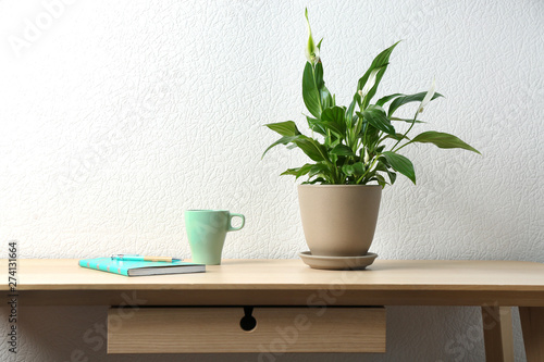 Potted peace lily plant, cup and notebook on wooden table near white wall. Space for text