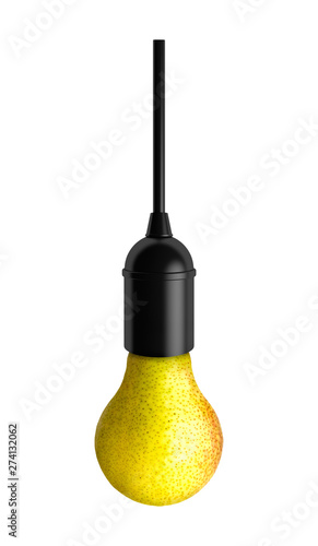 Light bulb in the form of a real pear in the holder. Ecology theme. Environmentally friendly energy sources. Object on a white background.