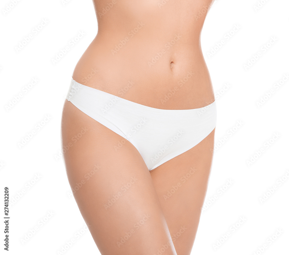 Slim young woman with smooth gentle skin on white background, closeup. Beauty and body care concept Slim young woman with smooth gentle skin on white background, closeup. Beauty and body care concept